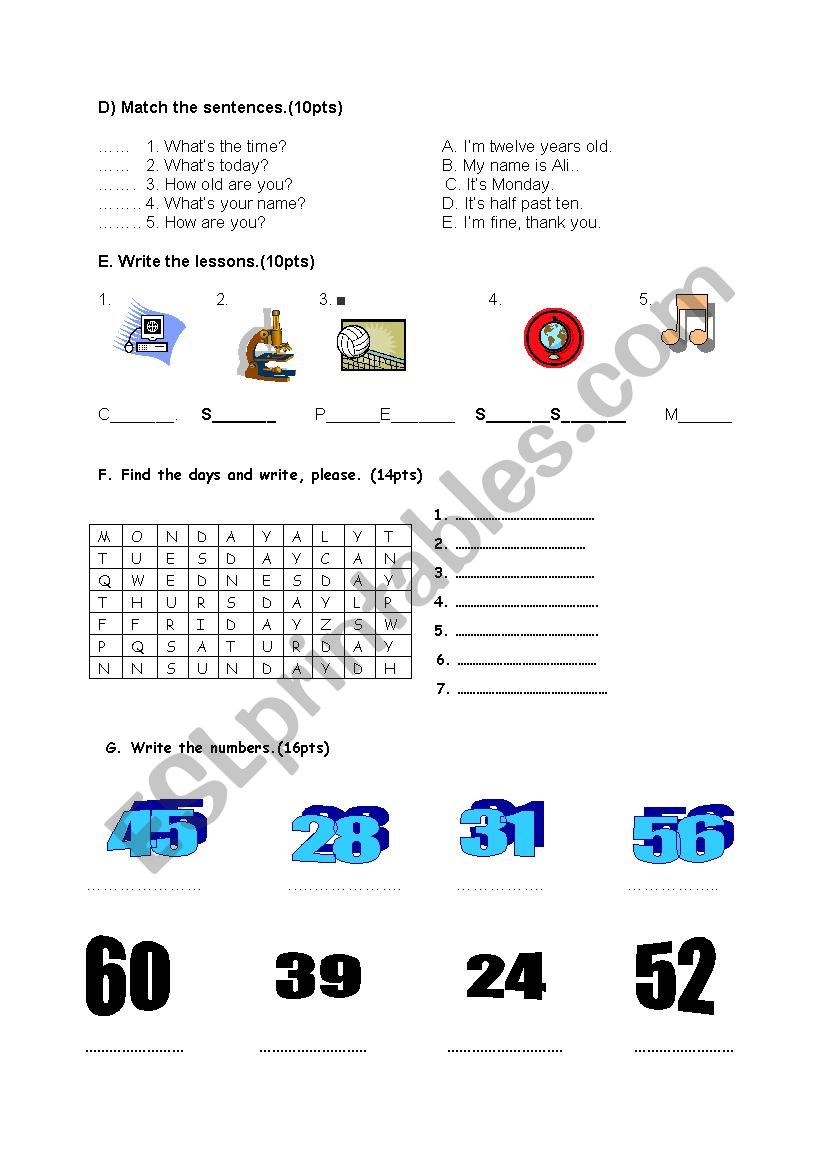 4th grade exam paper 2 worksheet