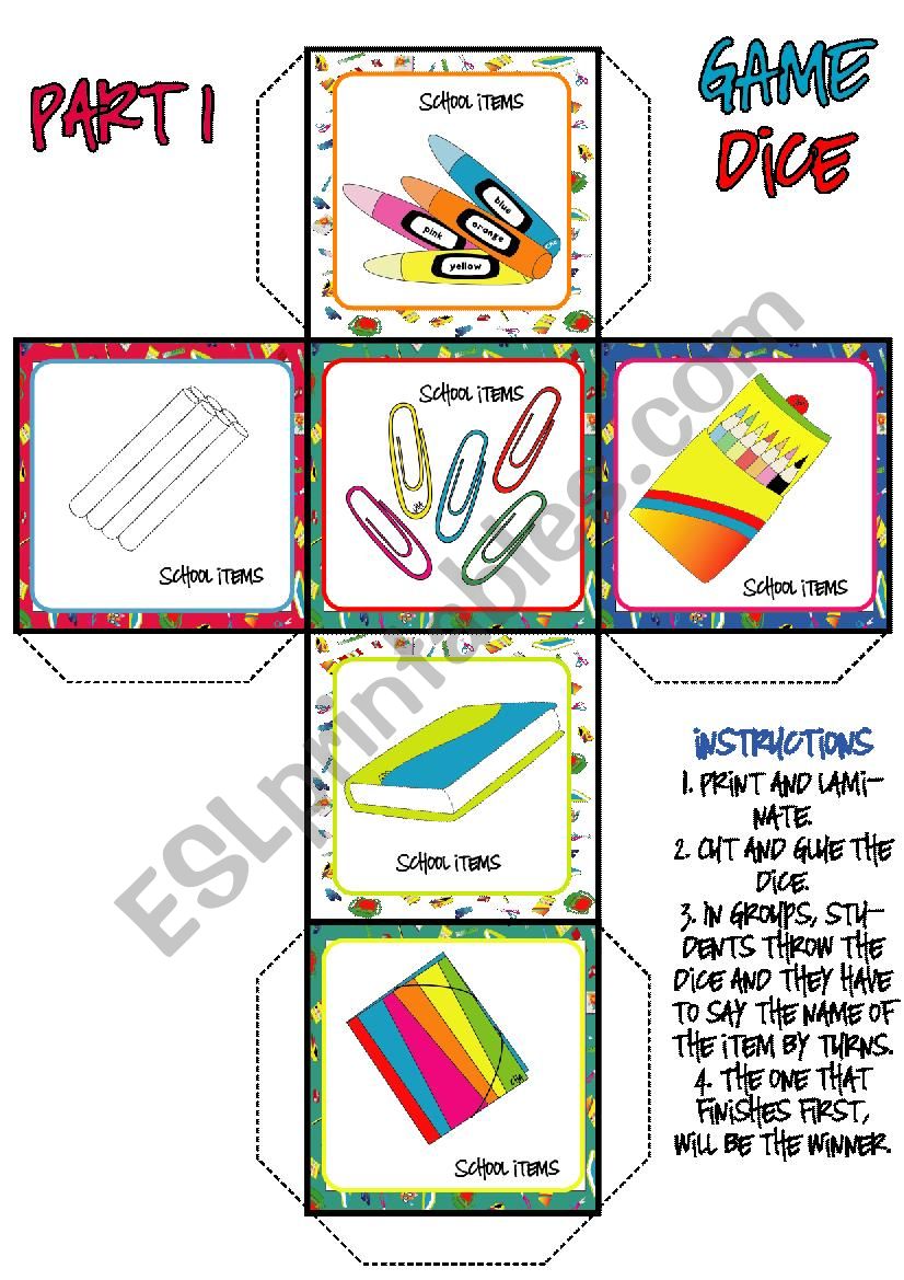 School Items DICE GAME (1-3) worksheet