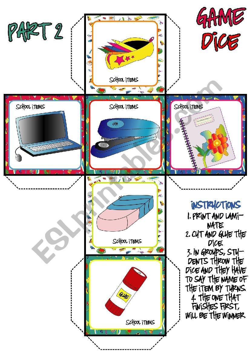 School Items DICE GAME (2-3) worksheet