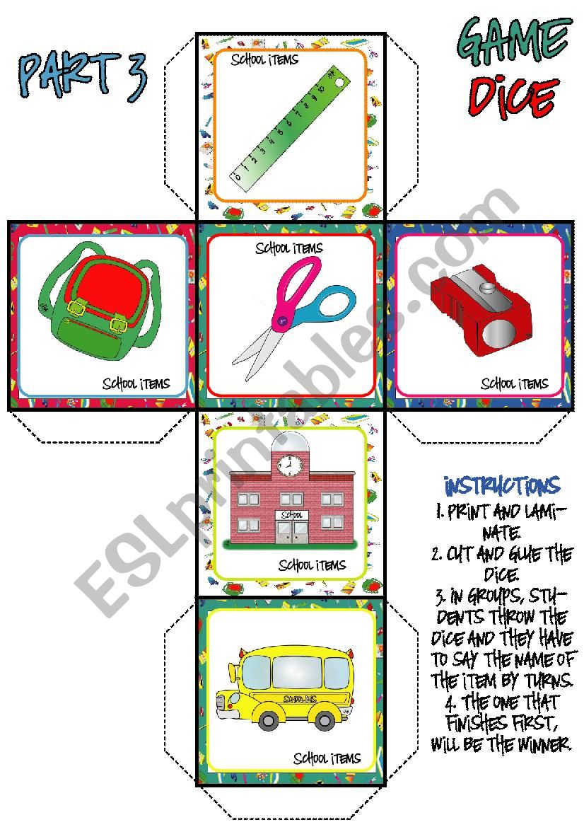 School Items DICE GAME (3-3) worksheet
