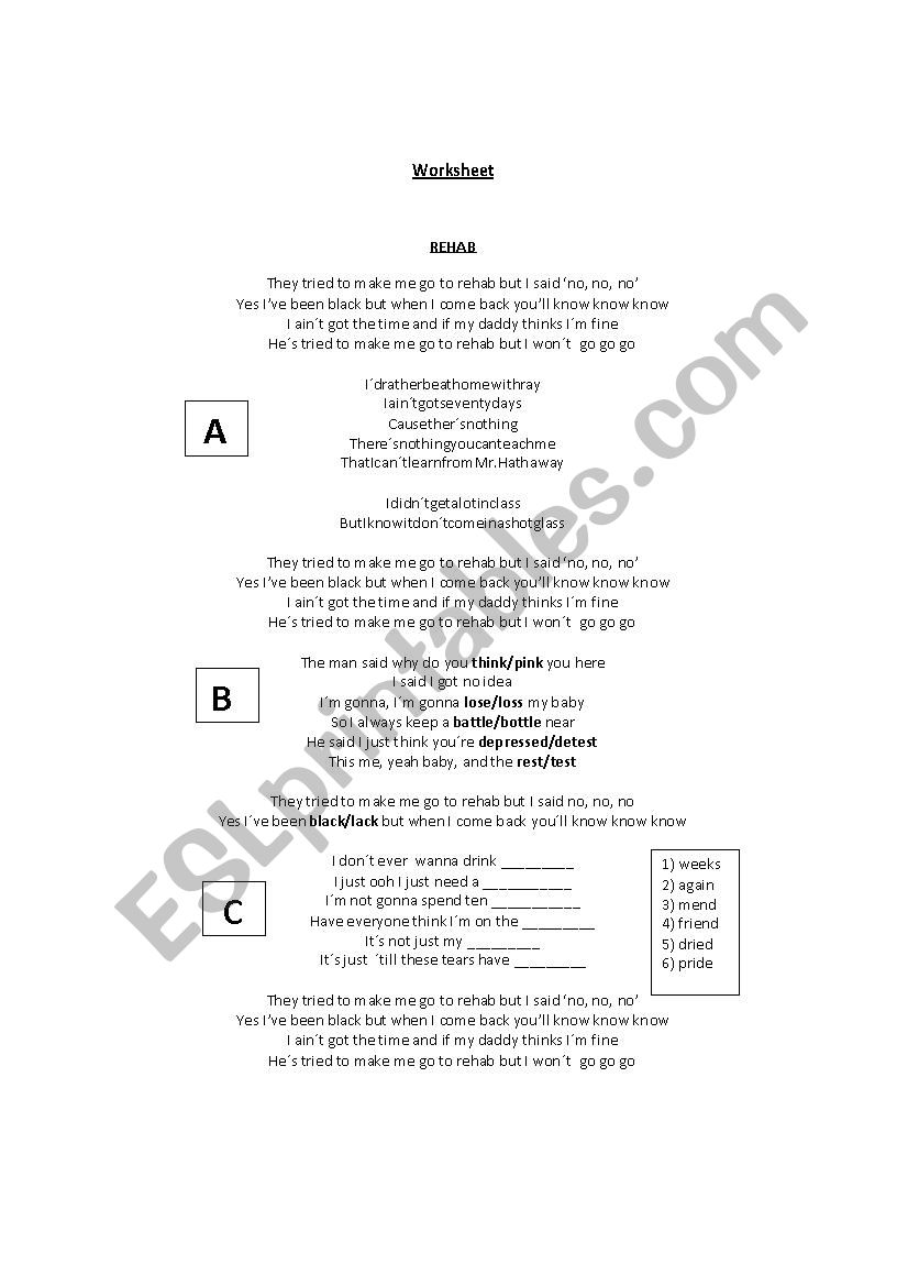 Rehab - Amy Winehouse worksheet