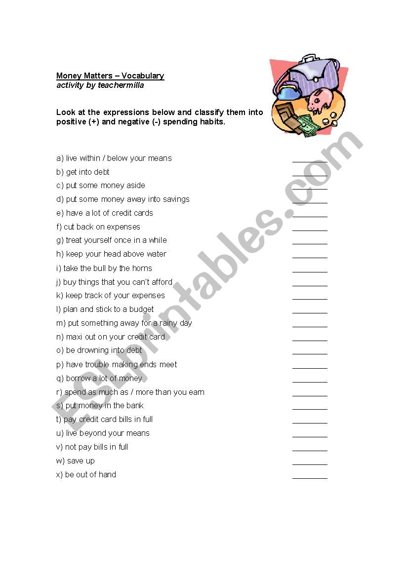 Money Matters Lesson - Vocabulary - idiomatic expressions worksheet