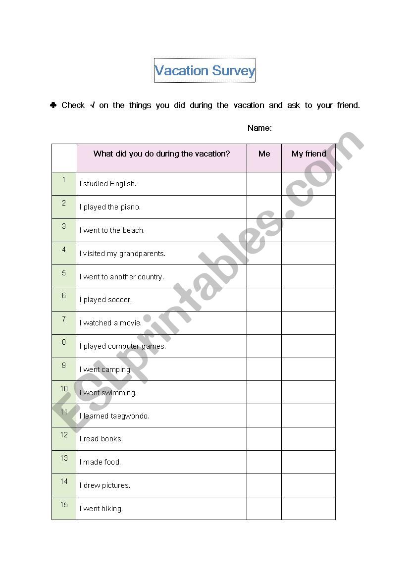 vacation worksheet