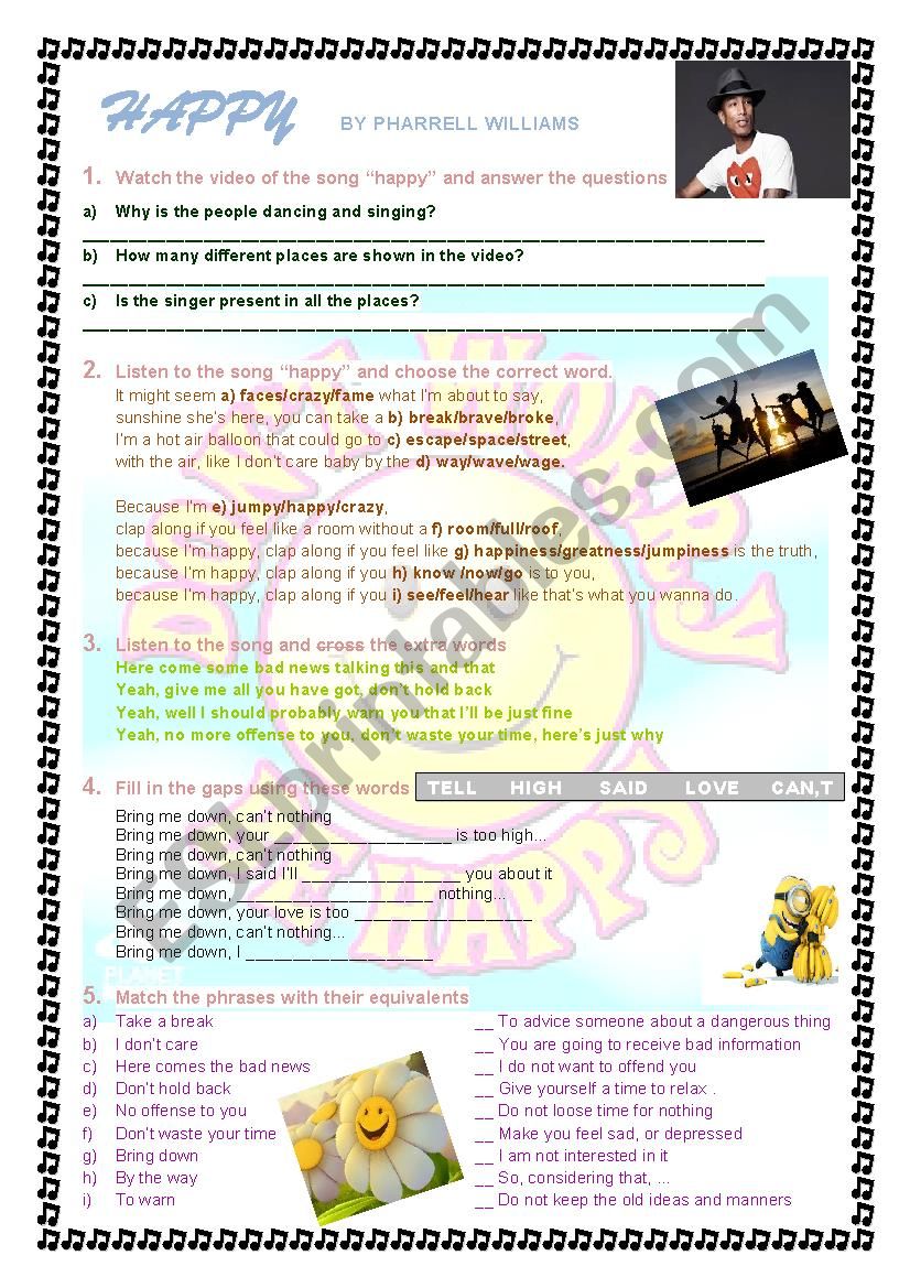 Song worksheet HAPPY (elementary/pre interm)