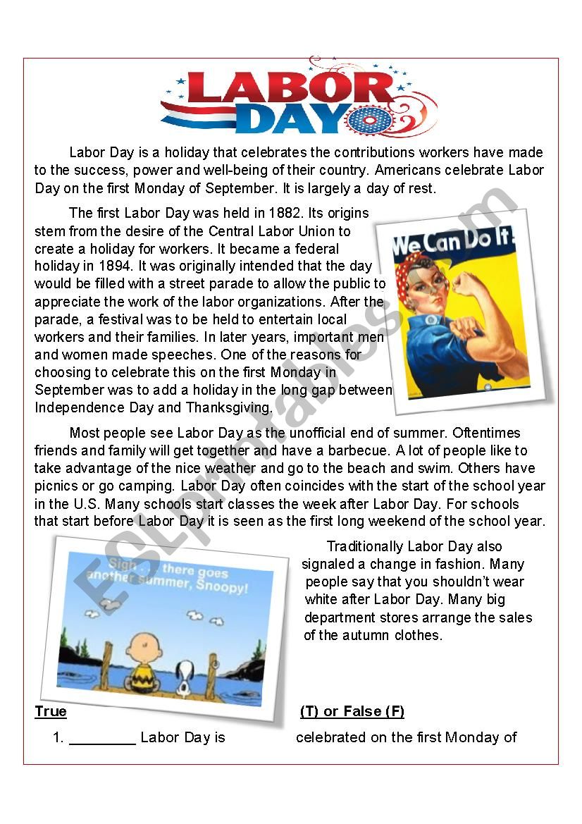 Labor Day Reading  worksheet