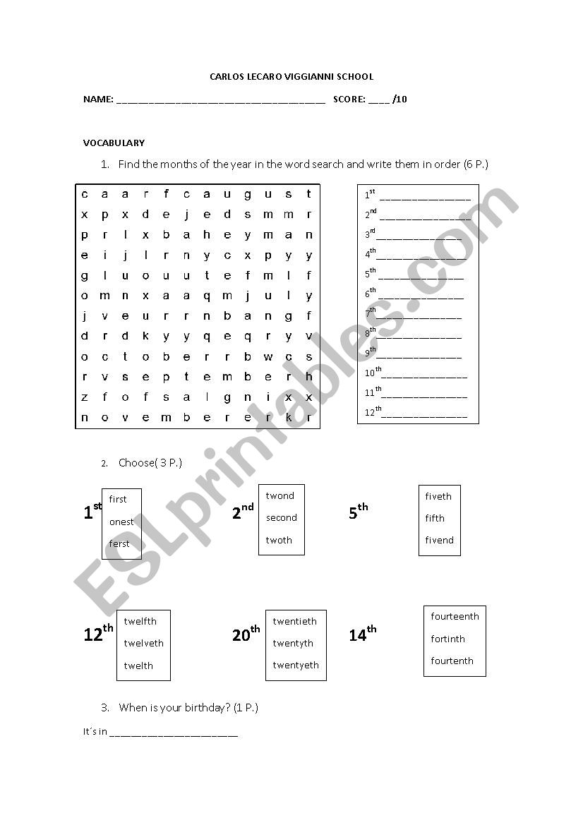 ORDINAL NUMBERS+ MONTHS QUIZ worksheet