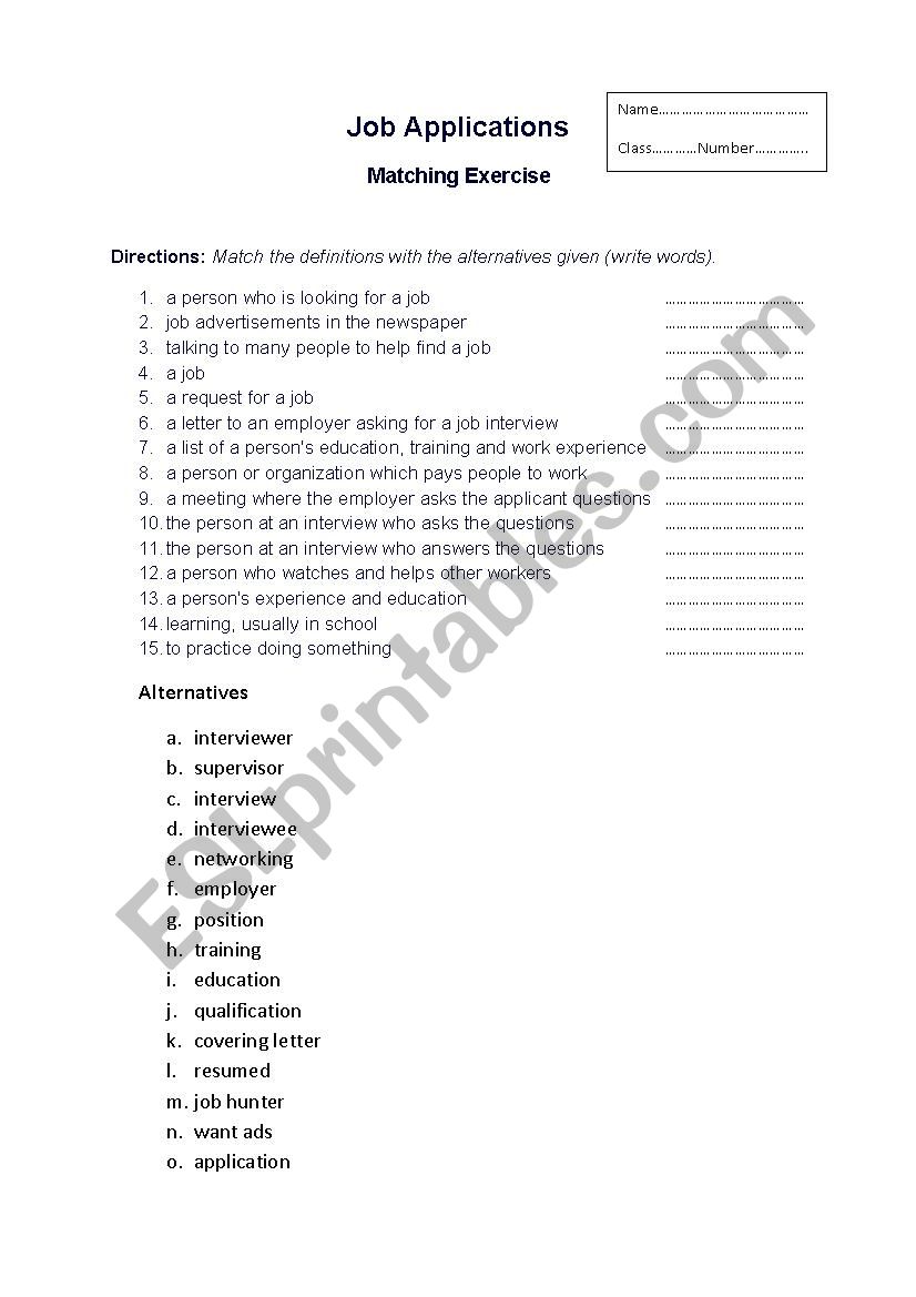 Application job exercise worksheet