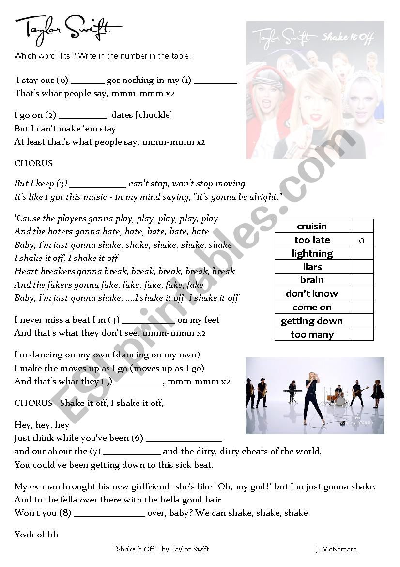 Shake It Off By Taylor Swift Esl Worksheet By Jmcthefirst