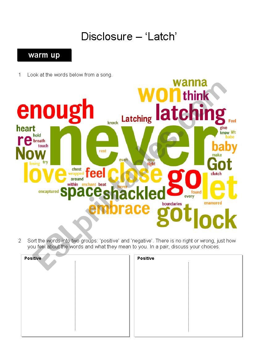 Latch by Disclosure song worksheet