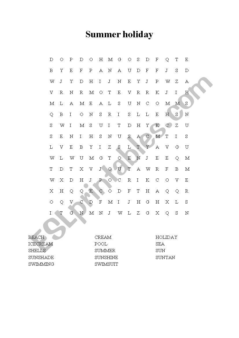 Summer wordsearch worksheet