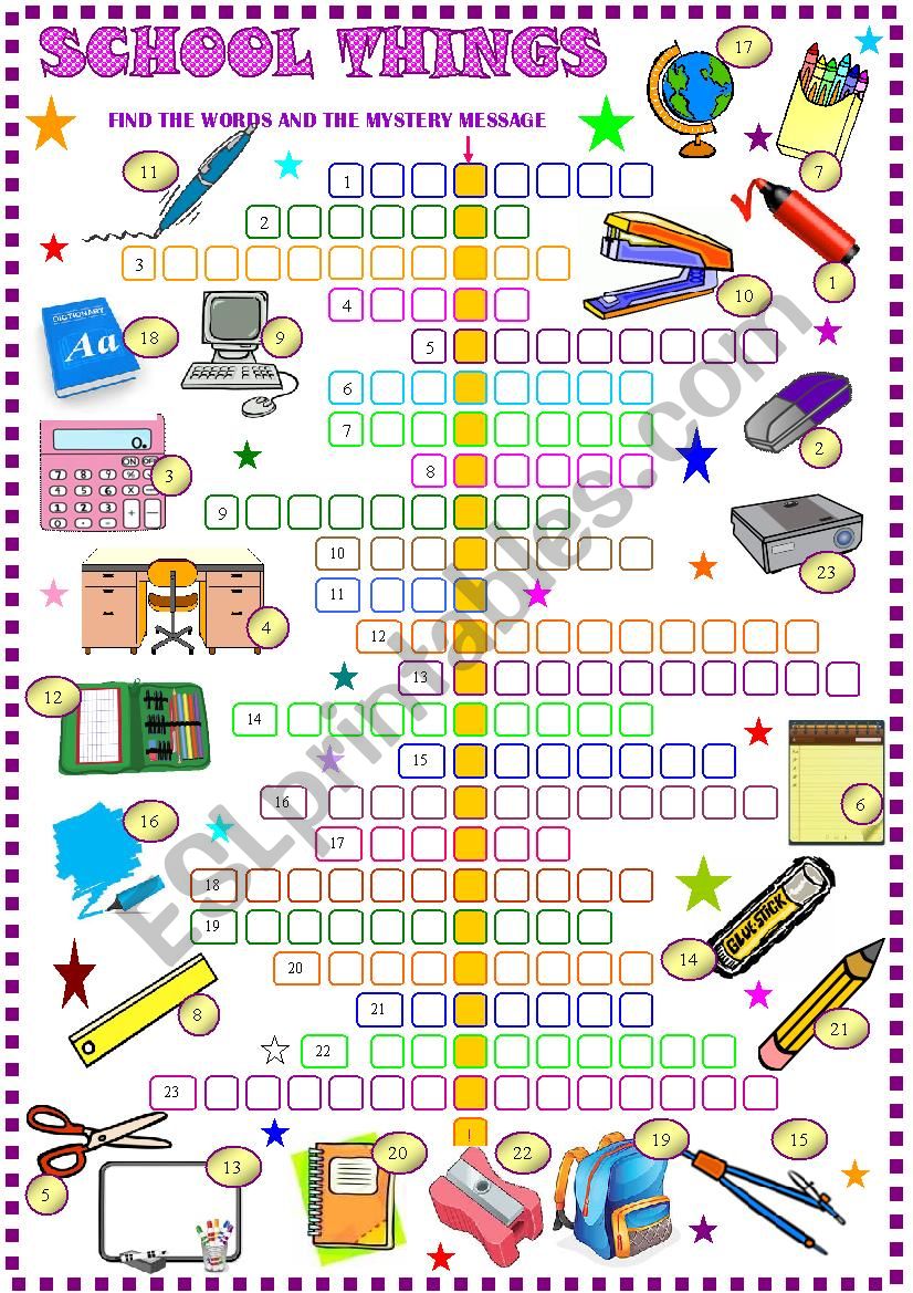 School things , crossword puzzle with hidden message