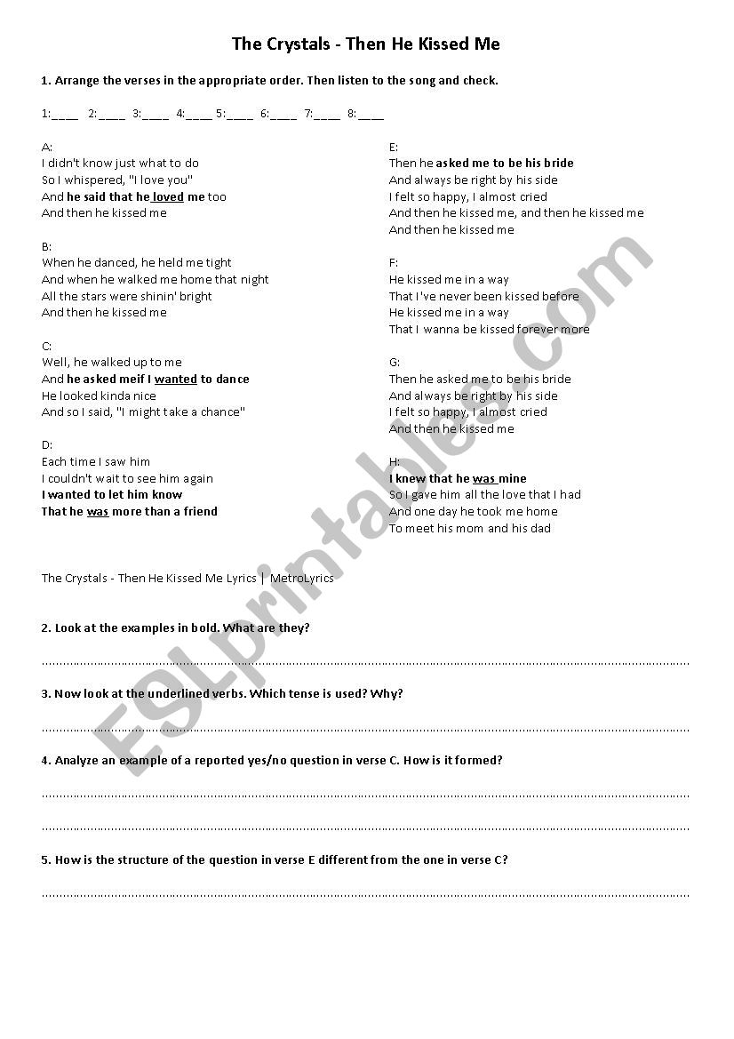 Indirect Speech - song worksheet