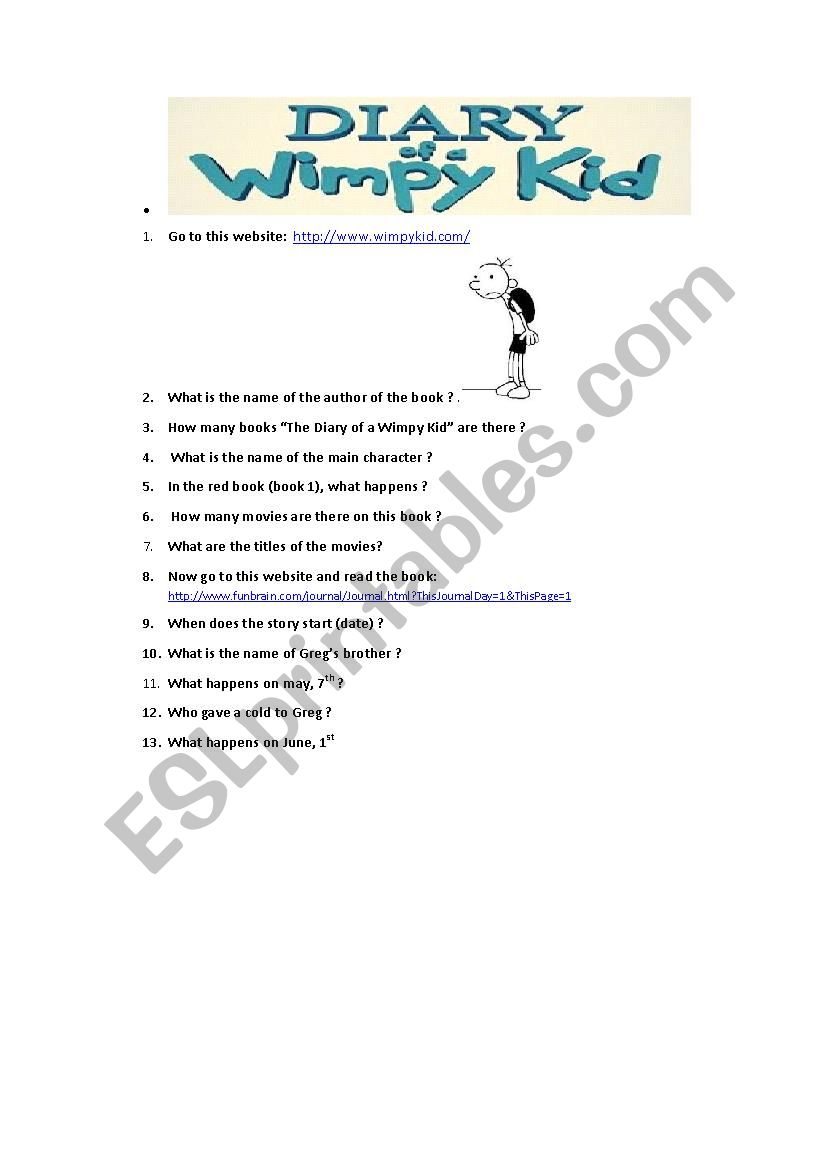 Webquest Diary of a wimpy kid worksheet