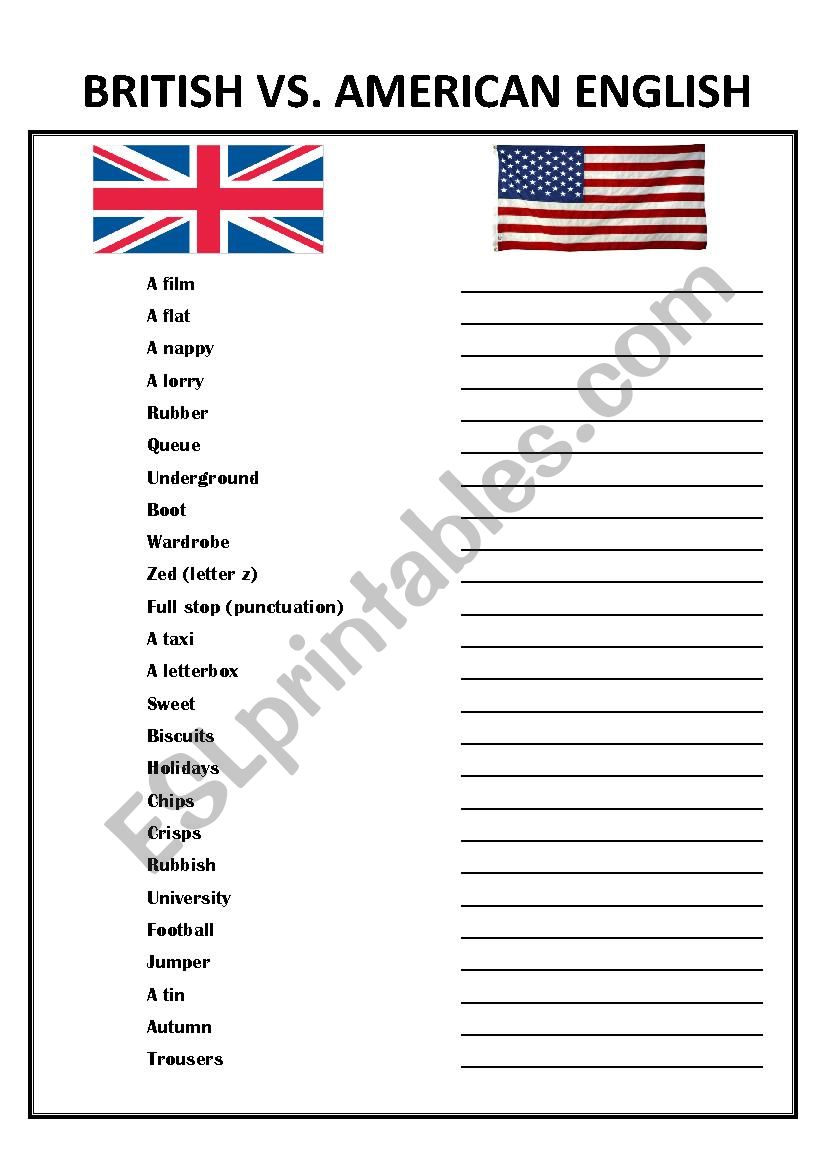 British vs. American English  worksheet