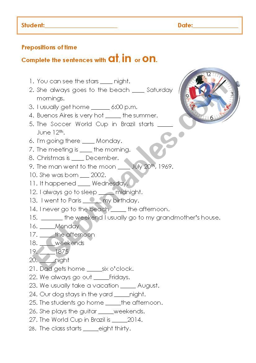 Prepositons of time worksheet