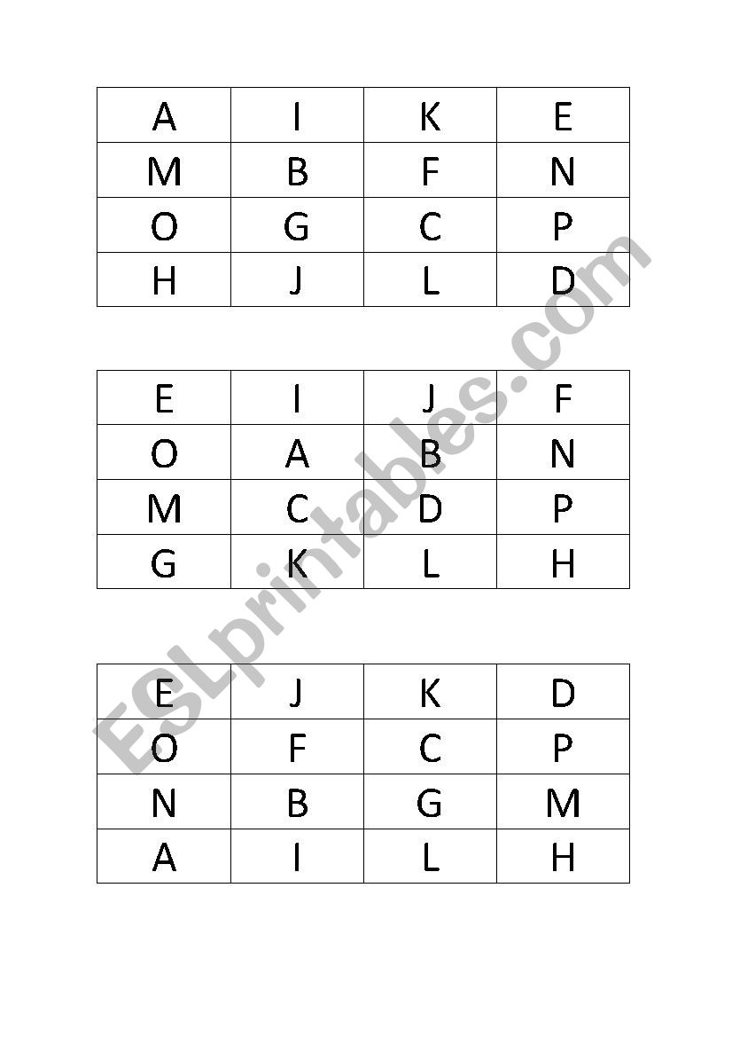 Alphabet Bingo A to P worksheet