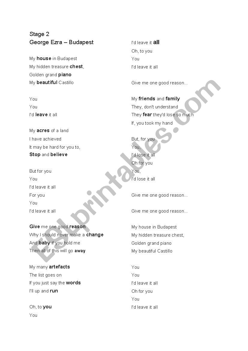 George Ezra - Budapest -Song worksheet