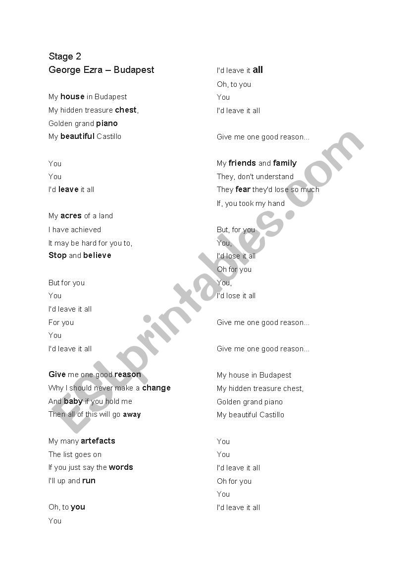 George Ezra - Budapest -Song worksheet