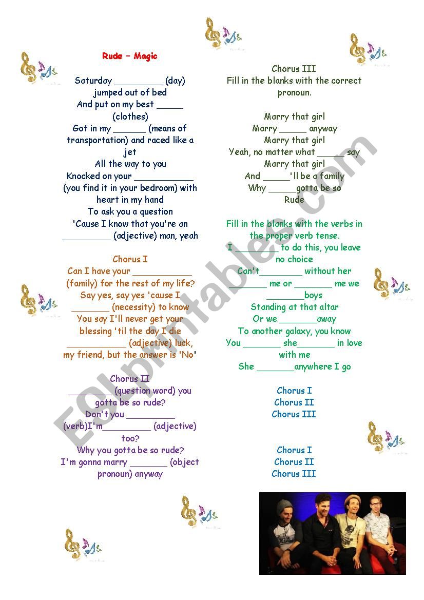 Working with grammar through songs : filling in the blanks : Rude (Magic) - original lyrics included.