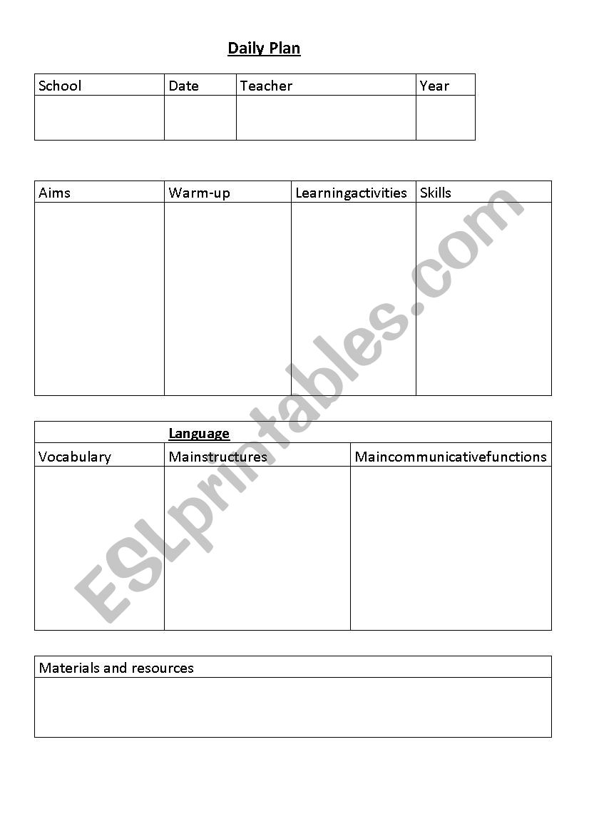 daily lesson template worksheet