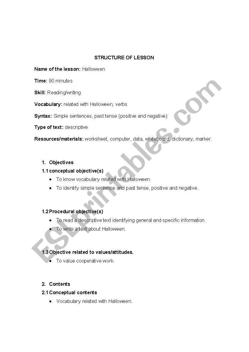 Lesson pla halloween worksheet