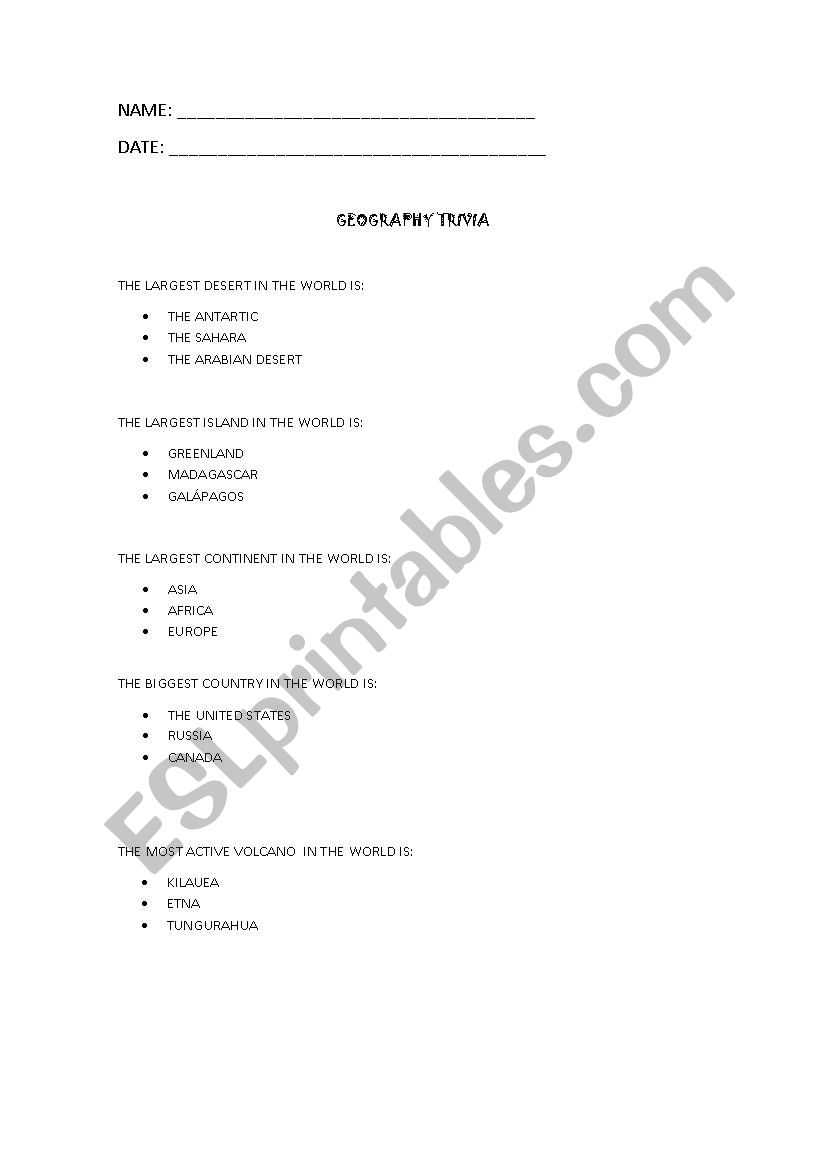 Geography trivia worksheet