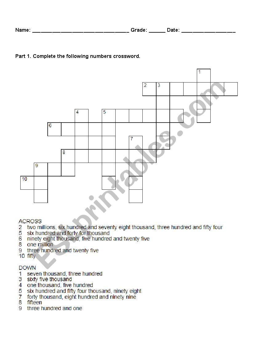 Big Numbers Crossword worksheet