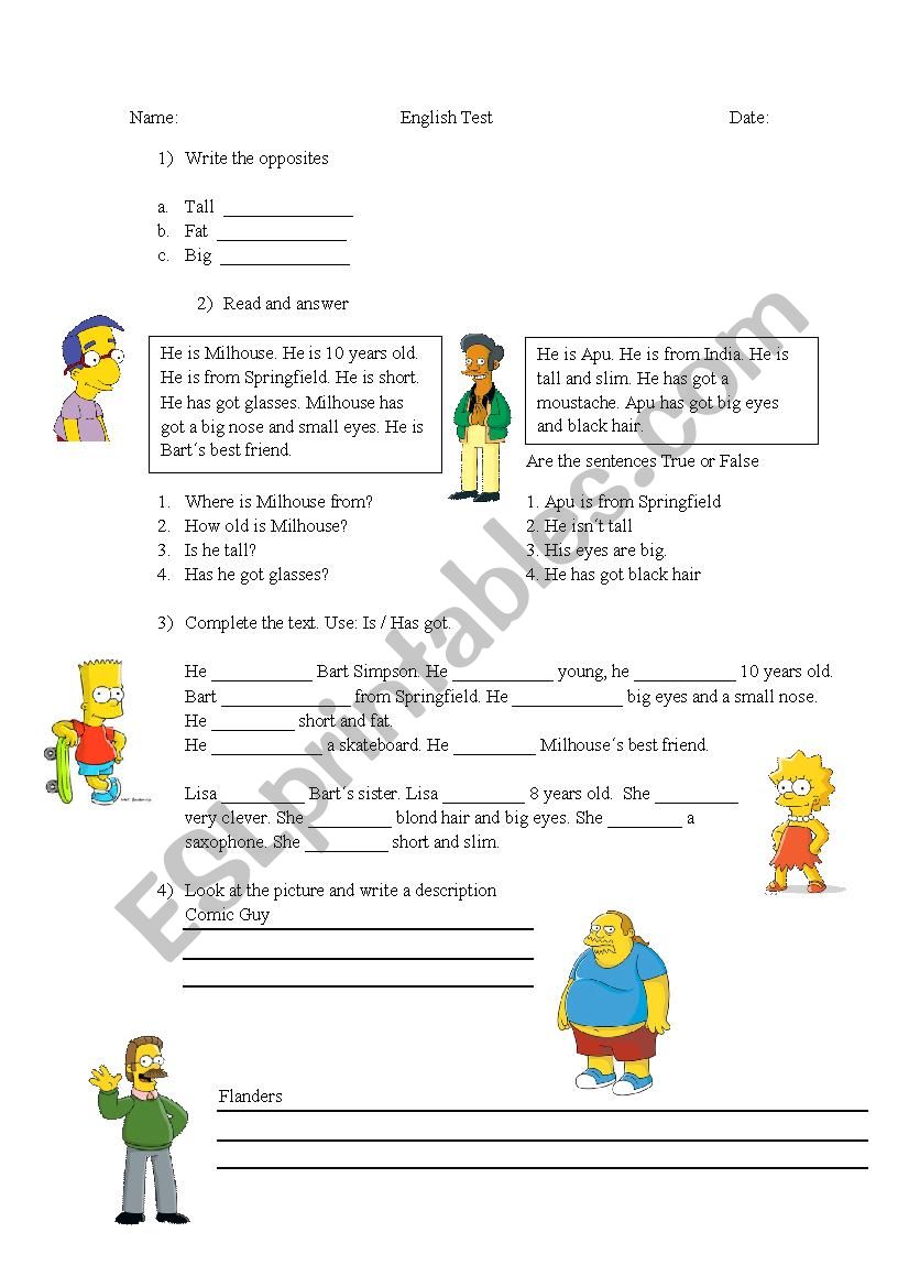 Descriptions worksheet