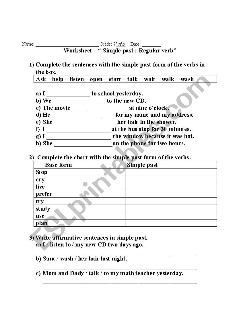 simple past regular verb worksheet