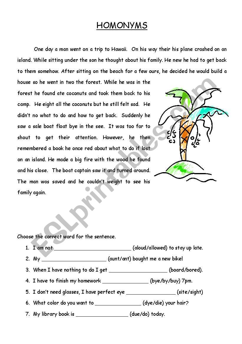 Homonym Story worksheet