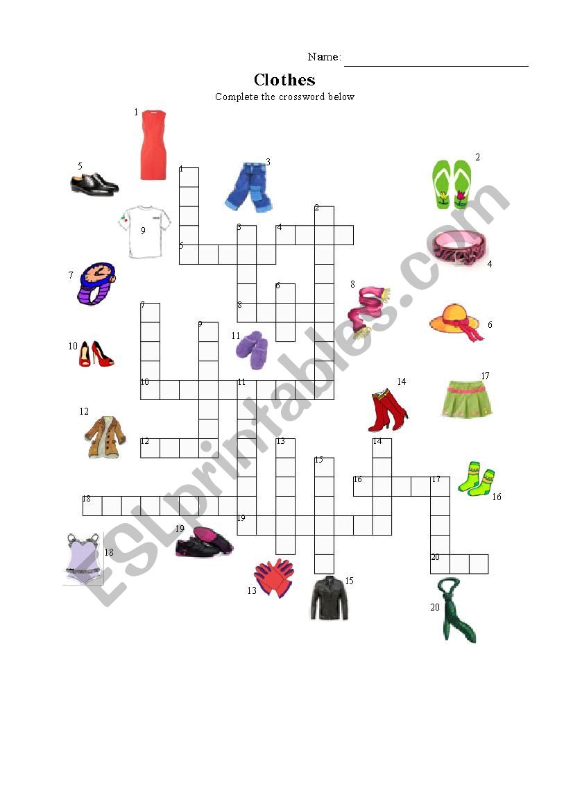 Clothes crossword worksheet