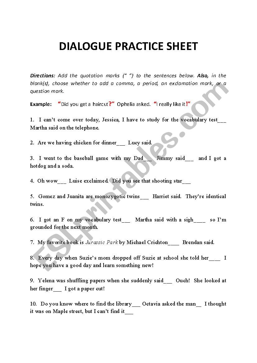 Dialogue Practice Sheet worksheet