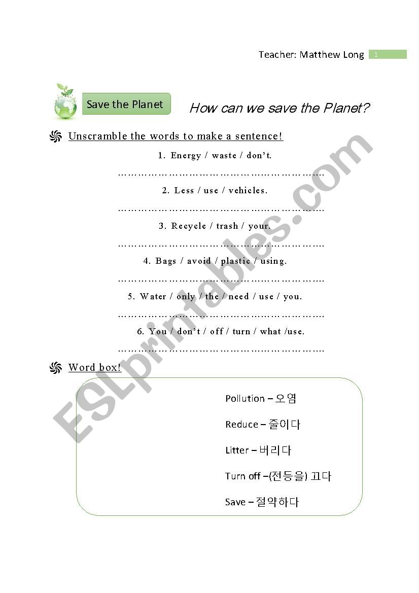 Environment - Save the planet worksheet