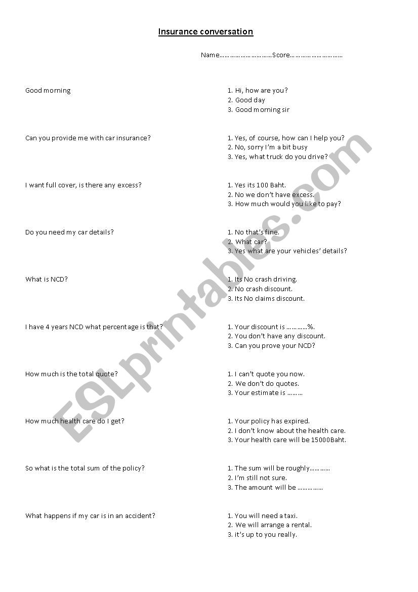 Insurance conversation one worksheet