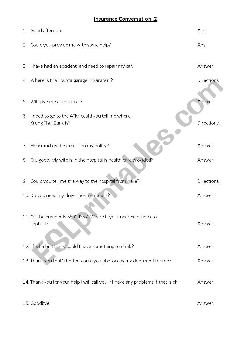 Insurance Conversation Two worksheet