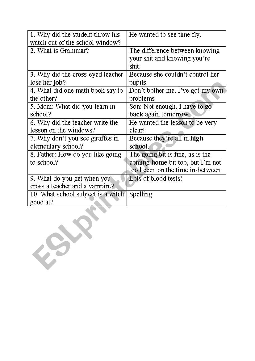 jokes at school :) worksheet