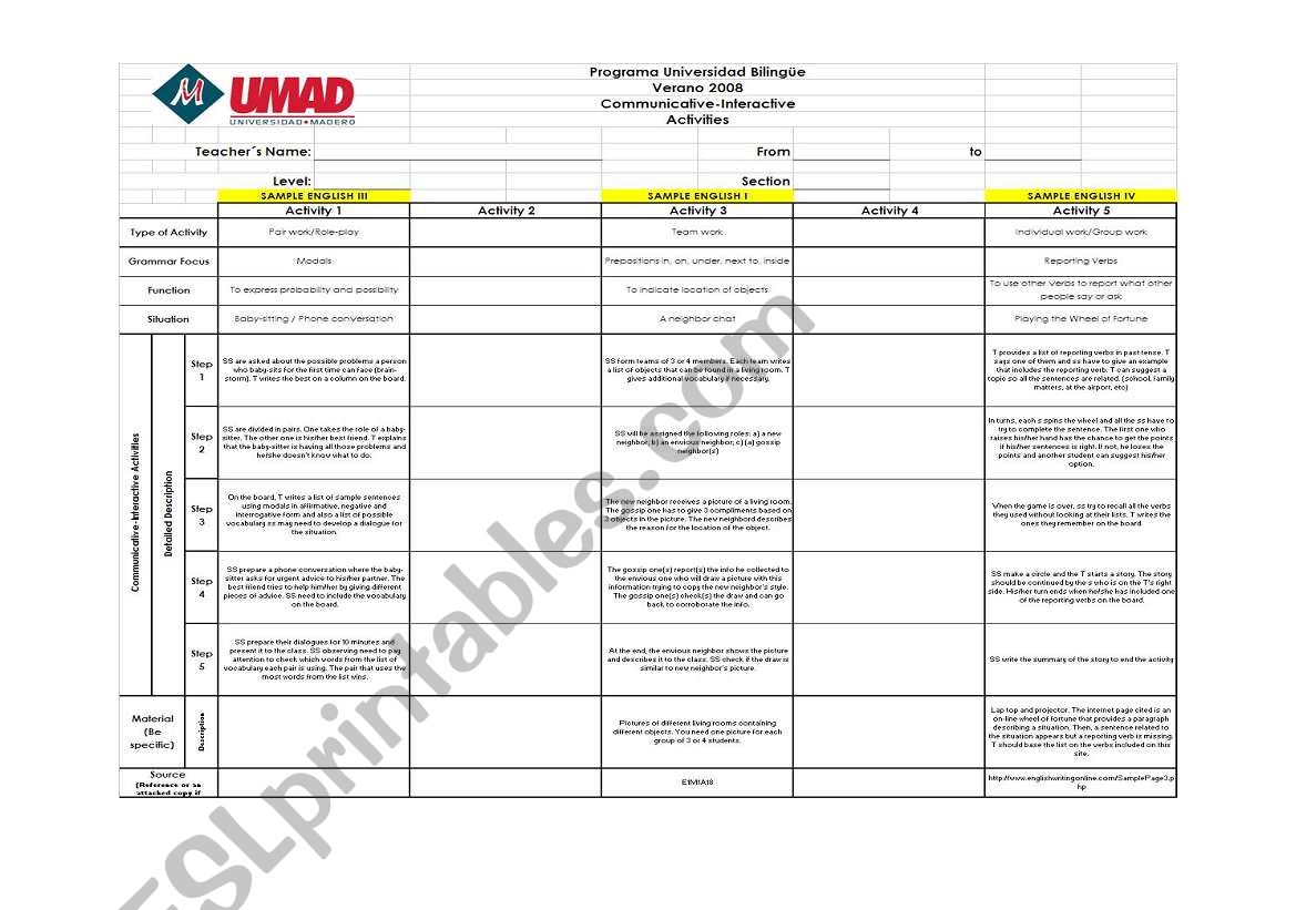 Activities Format worksheet