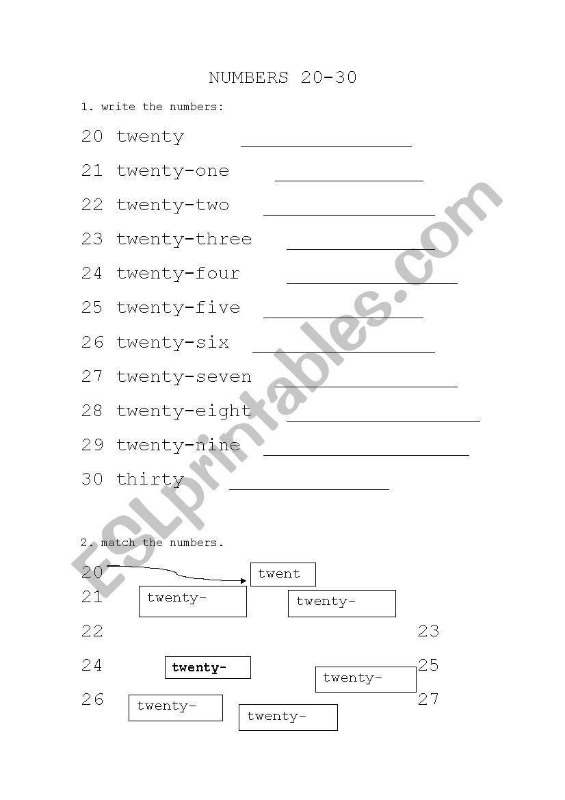 numbers 20 to 30 worksheet