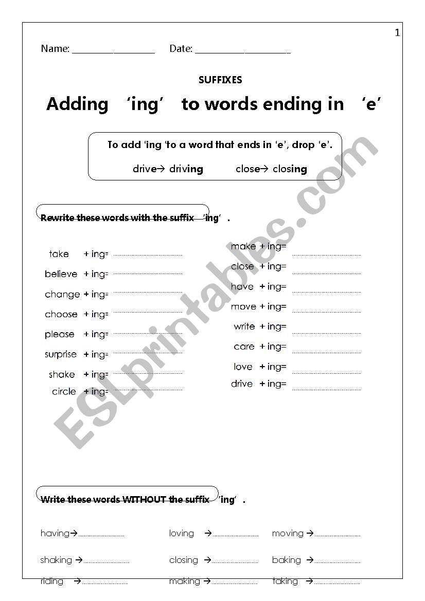 Adding ´ing´ to words ending in ´e´ - ESL worksheet by skhan812@live.co.uk