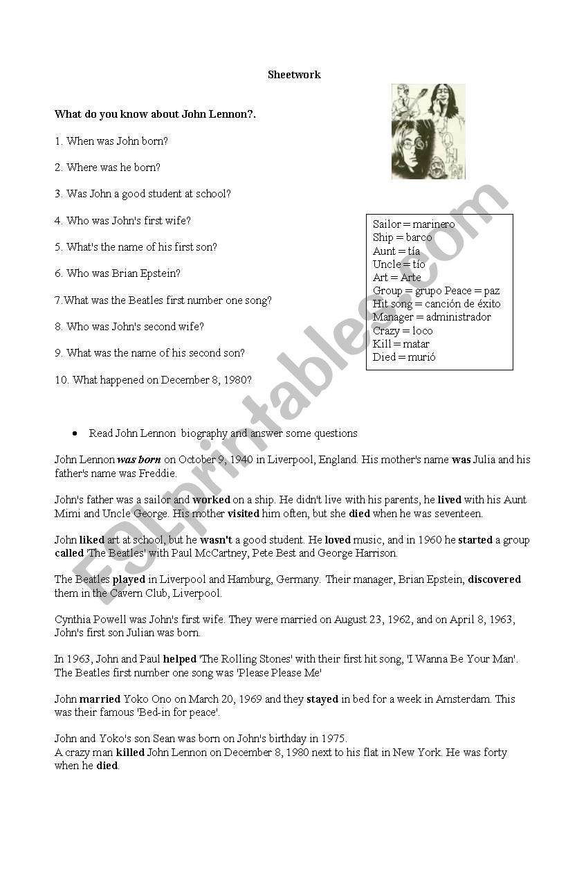 John Lennon biography worksheet