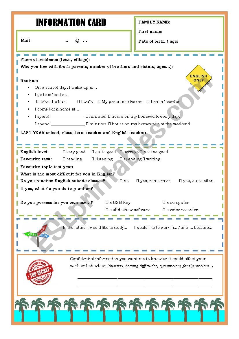 Beginning of schoolyear information card