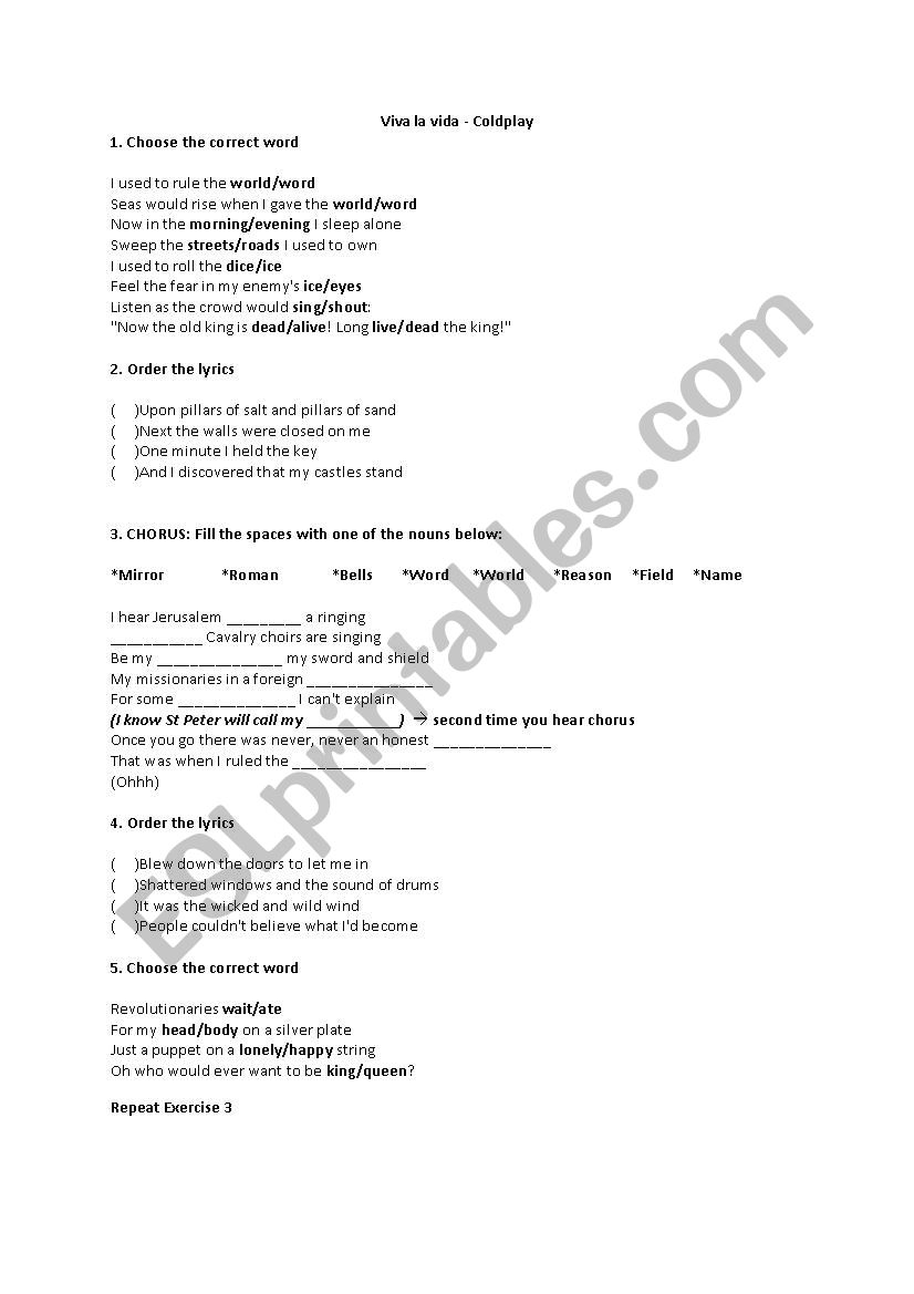 Viva La Vida by Coldplay Worksheet