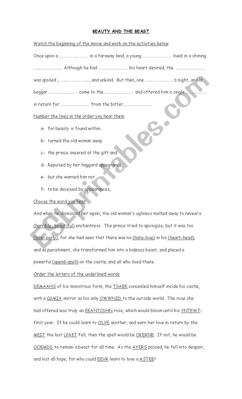 Beauty and The Beast Prologue worksheet