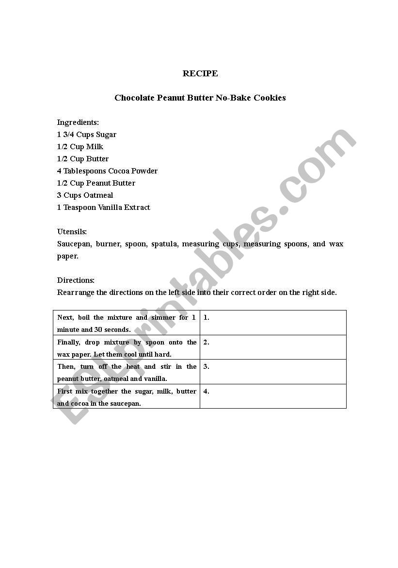 No Bake Cookie Recipe Lesson worksheet