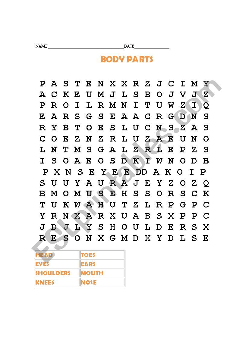 Body Parts search words worksheet