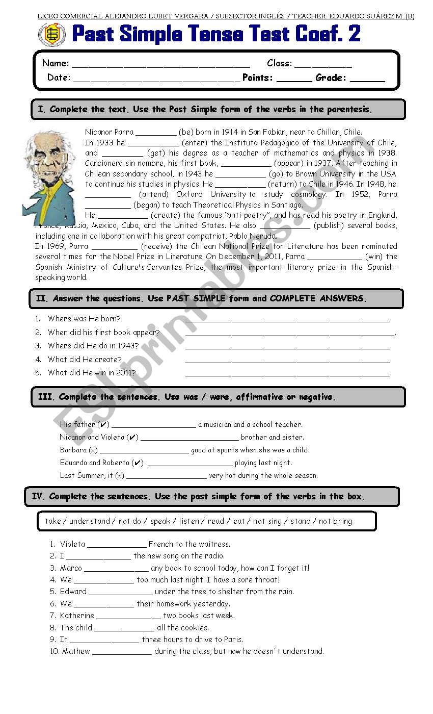 Past Simple - Nicanor Parra worksheet