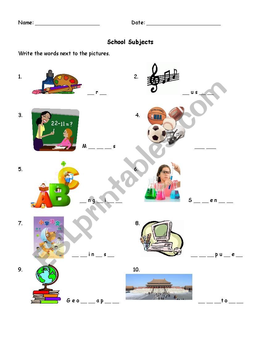 School Subjects worksheet