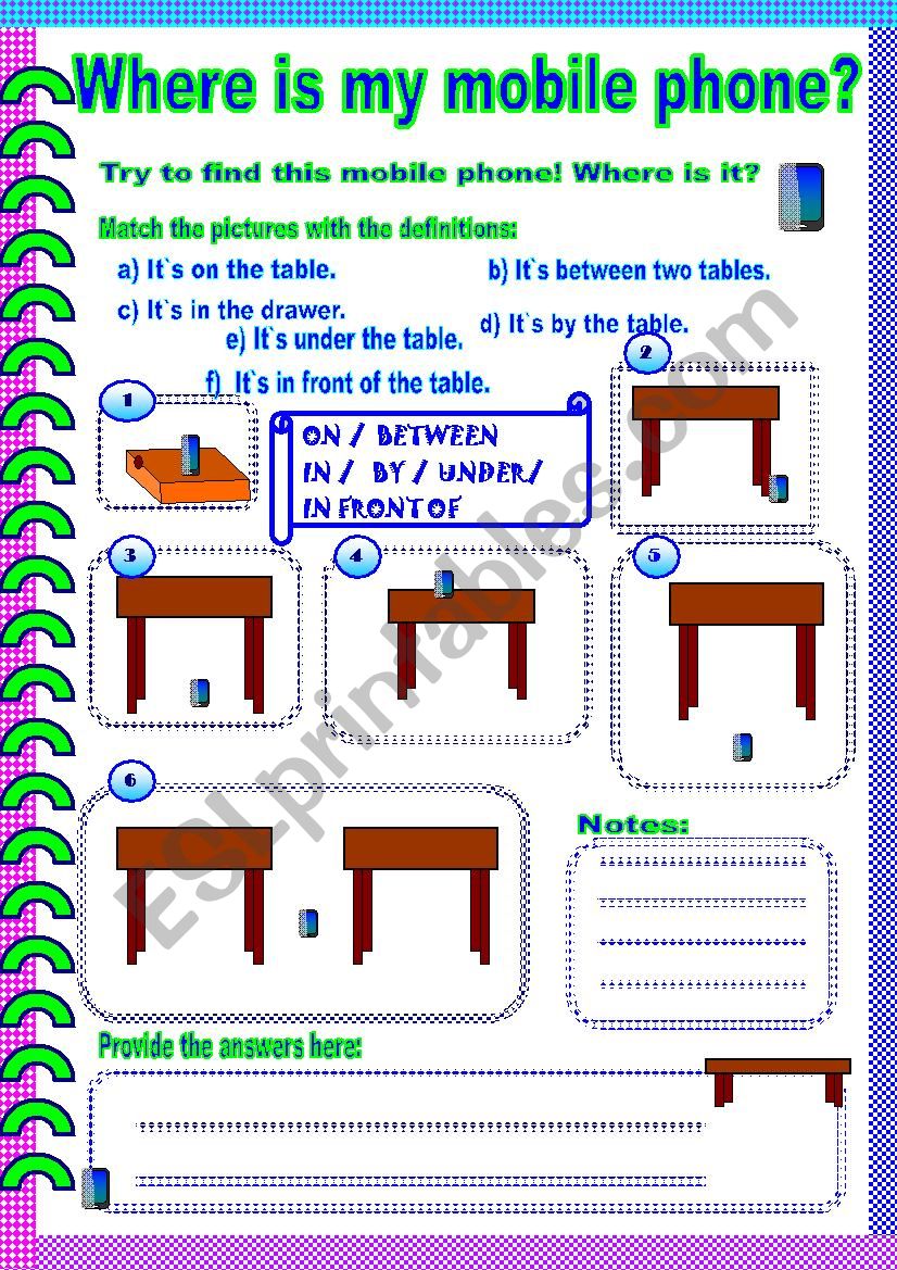 Where is my mobile phone? Use of prepositions.