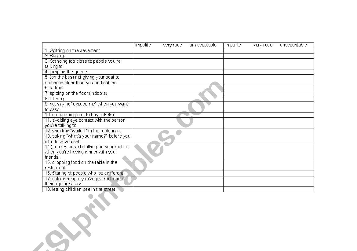 cultural differences worksheet