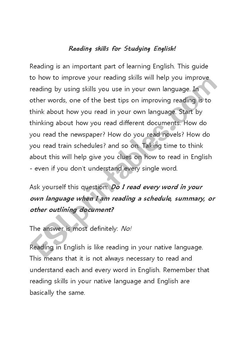 reading skill worksheet